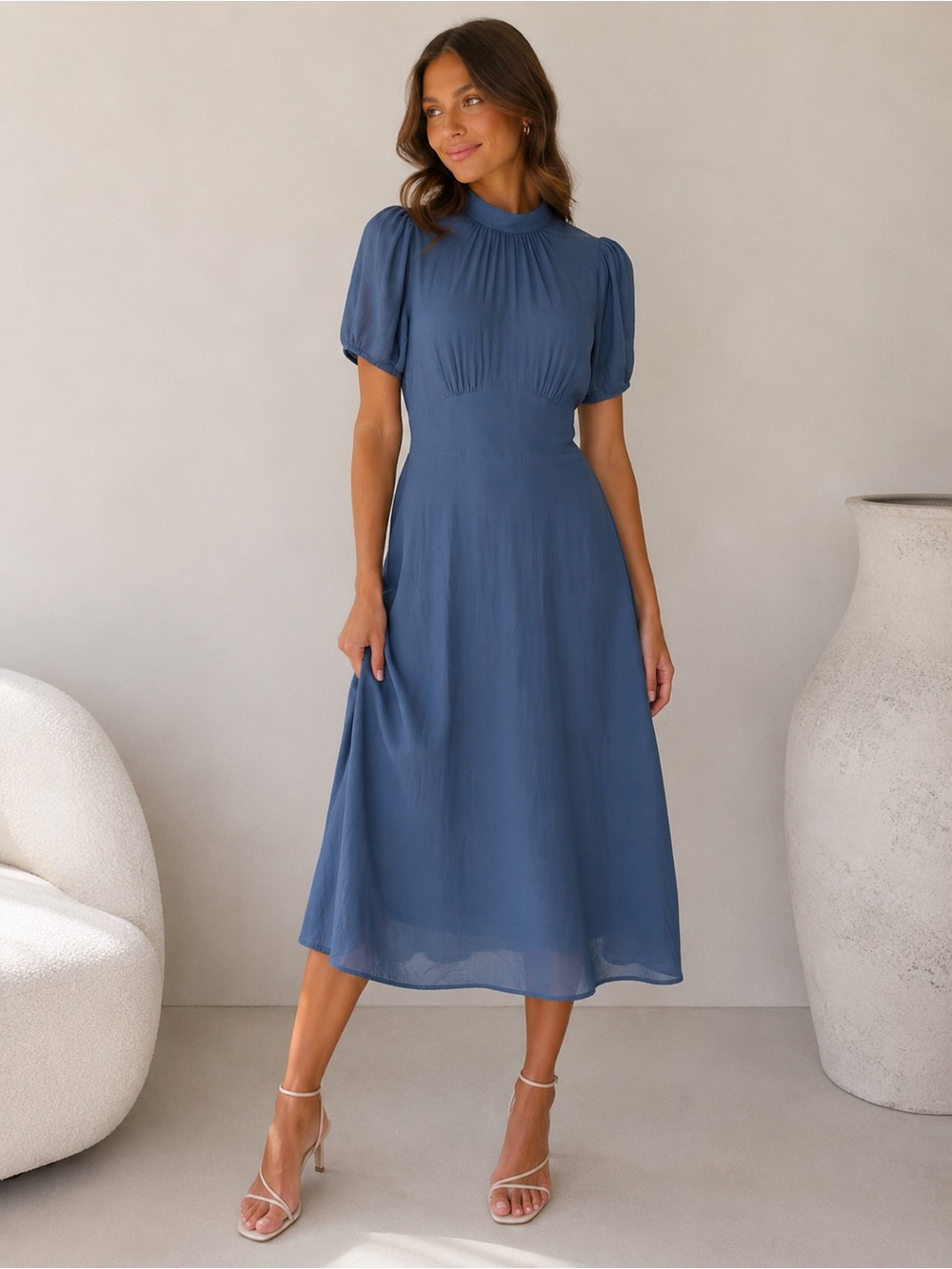 Reformation Dusk Dress Morning Glory Blue open back Puff Sleeve Midi Dress